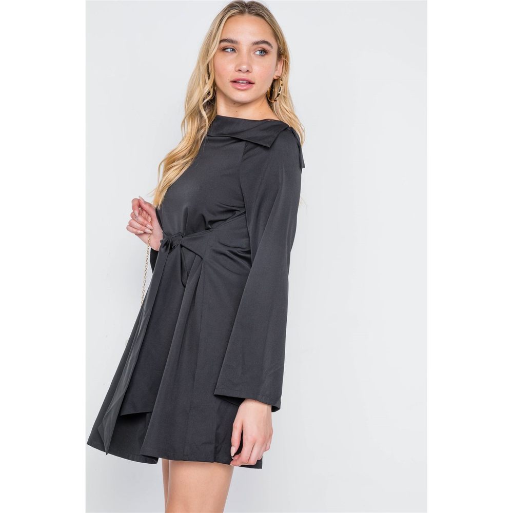 Straight Neck Solid Front-tie Dress - Picture 3 of 7